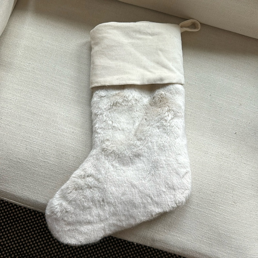 Pottery Barn ivory faux fur stocking
